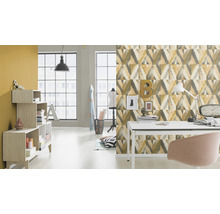 Bureau moderne avec bureau, étagère et papier peint à motifs