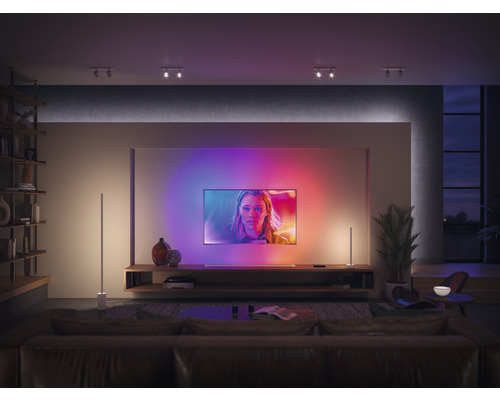 Salon avec télévision, lampadaires éclairés et étagères.