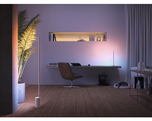 Salon avec bureau, lampadaires et plante d''intérieur