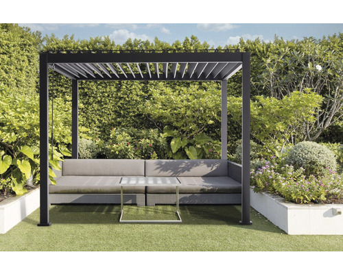 Pergola Mirador Basic épaisseur de poteaux 8,8 x 8,8 cm 300 x 300 x 240 cm noir Scène de jardin avec pergola, canapé et table