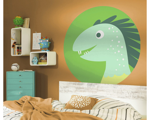 Chambre d''enfant avec sticker mural dinosaure, lit, commode et étagères