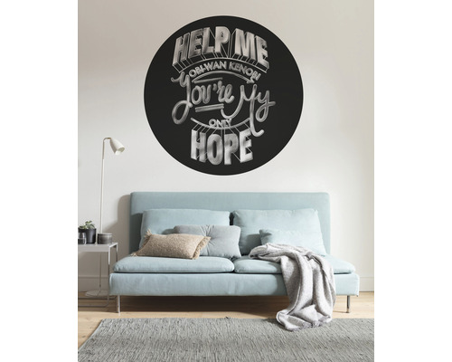 Salon avec sticker mural citation Star Wars au-dessus d''un canapé