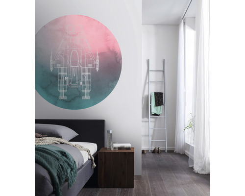 Chambre à coucher avec lit, table de chevet, échelle et sticker mural avec motif de vaisseau spatial