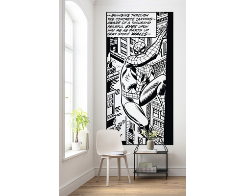 Décoration murale avec motif de bande dessinée Spider-Man dans une pièce lumineuse.