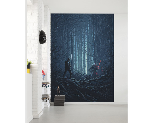 Papier peint photo avec motif Star Wars, scène de forêt sombre et sabres laser