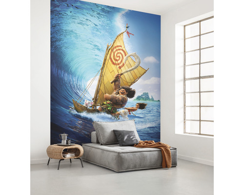 Fototapete mit einem Motiv aus dem Film Vaiana, mit Vaiana, Maui und einem Segelboot auf einer Welle