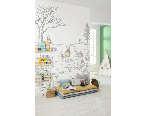 Chambre d''enfant avec une fresque murale Winnie l''ourson, des étagères, des coussins et une tente de jeu.