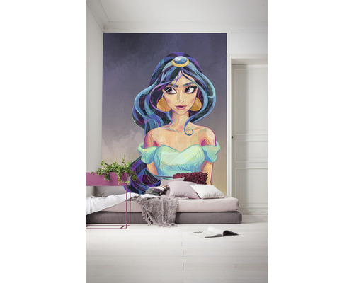 Raum mit Fototapete mit Jasmin-Motiv, Bett und Beistelltisch