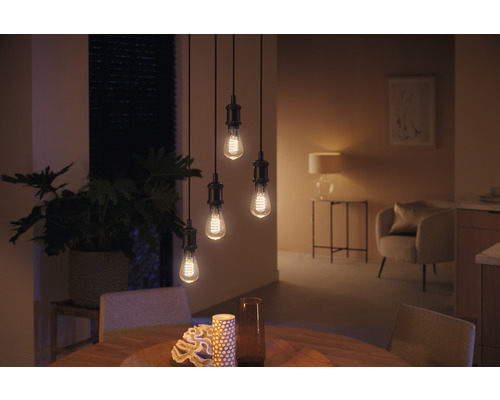 Salle à manger avec suspension lumineuse à quatre ampoules de style Edison au-dessus d''une table en bois