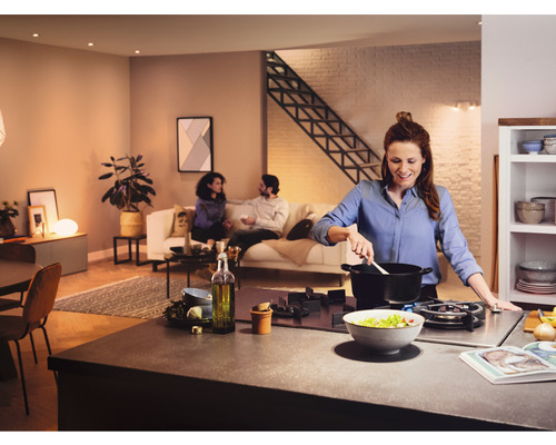 Cuisine ouverte avec une femme en train de cuisiner, tandis que deux personnes discutent dans le salon.