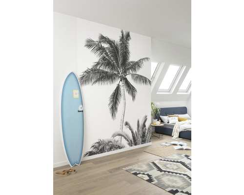 Chambre lumineuse avec papier peint photo, planche de surf et tapis