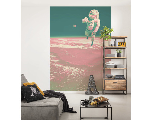 Salon avec papier peint photo astronaute, canapé et étagère