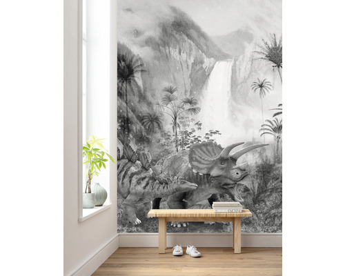 Schwarzweiße Fototapete mit Dinosaurier-Motiv im Raum mit Sitzbank und Topfpflanze