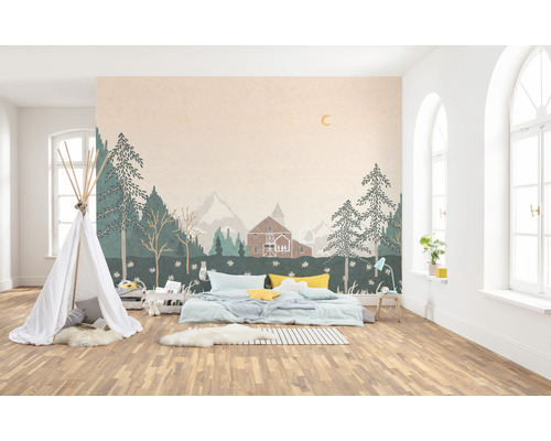 Chambre d''enfant avec papier peint forêt, tente de jeu et lit