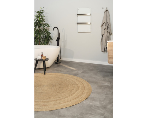 Vue d''une salle de bains avec baignoire, tapis rond et sèche-serviettes