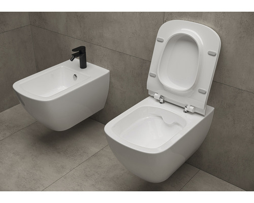 WC suspendu et bidet dans la salle de bains.