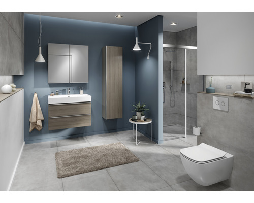 Salle de bains moderne avec lavabo, armoire de toilette, armoire suspendue, WC et douche