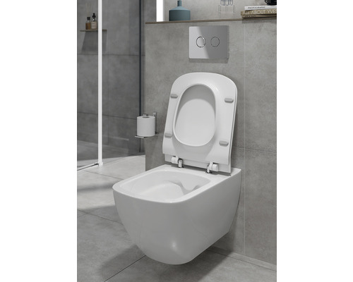 WC suspendu avec bride ouverte et couvercle de toilette dans une salle de bain