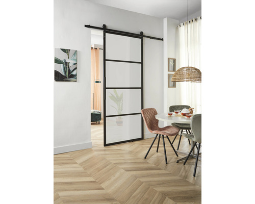 Set complet de porte coulissante Basic -Top Cubo noir avec verre satiné 98x215 cm, avec vantail de porte, ferrure pour porte coulissante Basic et ensemble poignée