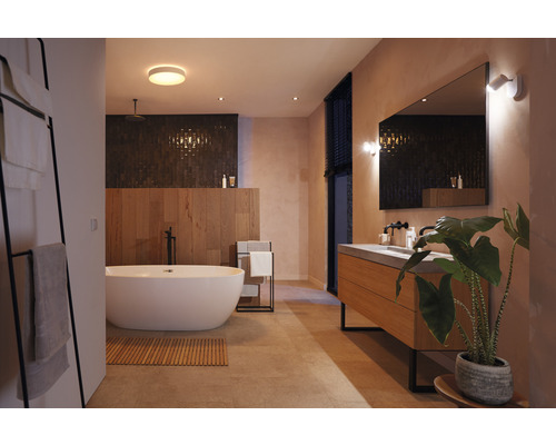 Salle de bain lumineuse avec baignoire îlot, meuble-lavabo avec miroir et éclairage