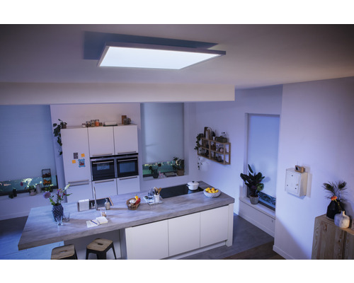 Moderne Küche mit rechteckiger Deckenleuchte für helle Beleuchtung