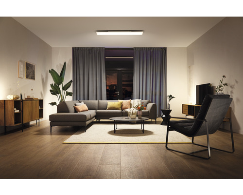 Wohnzimmer mit Sofa, Sessel, Couchtisch, Sideboard, Zimmerpflanze, Vorhängen und Deckenleuchte