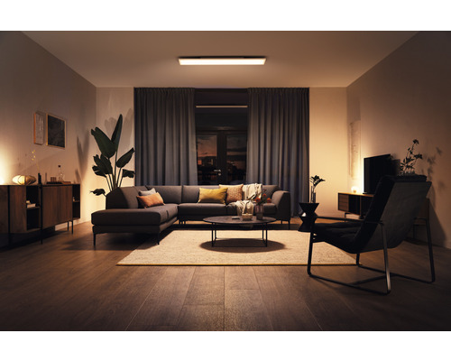 Wohnzimmer mit Deckenleuchte, Sofa, Sessel und Wohnzimmermöbeln