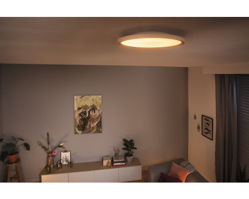 Salon avec plafonnier, commode, plantes d''intérieur et décoration