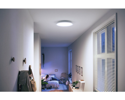 Couloir avec plafonnier, vestiaire et personne dans la chambre