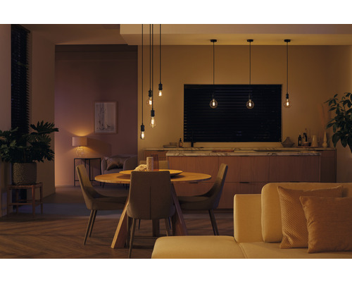 Esszimmer mit Esstisch, Stühlen und mehreren Pendelleuchten mit Edison-Glühbirnen