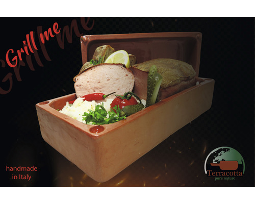 Terracotta Grillpfanne mit Wurst, Brot und Gemüse