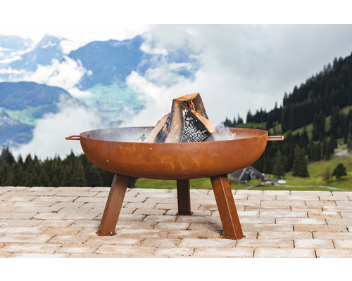 Feuerstelle aus Stahl mit Holz und Berglandschaft im Hintergrund