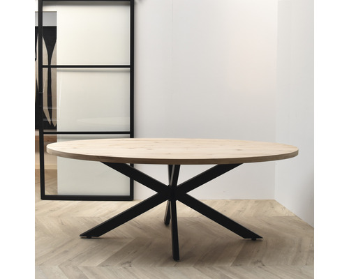 Table de salle à manger ronde avec plateau en bois et pied en métal