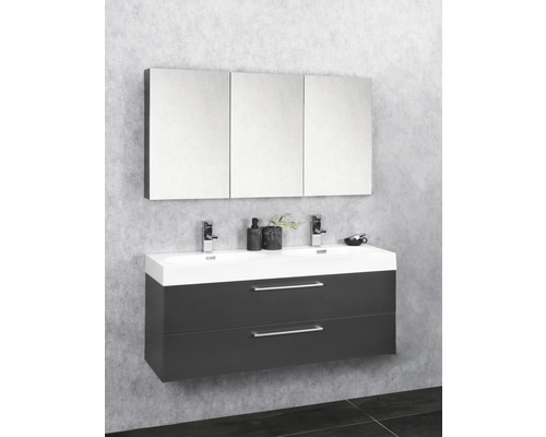 Combinaison de meuble-lavabo avec deux tiroirs, lavabo et armoire de toilette dans la salle de bain.