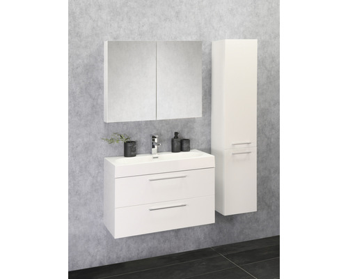 Badezimmerensemble mit Waschtischunterschrank, Waschbecken, Spiegelschrank und Hochschrank