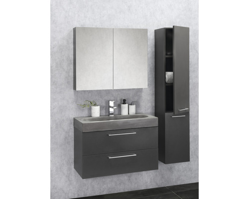 Badezimmerensemble mit Waschtischunterschrank, Waschbecken, Spiegelschrank und Hochschrank