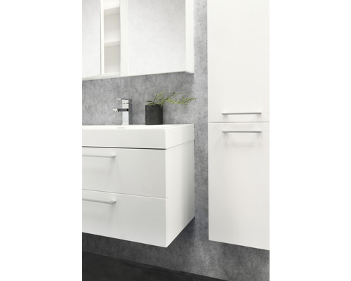 Scène de salle de bains avec meuble-lavabo blanc, armoire de toilette et armoire haute