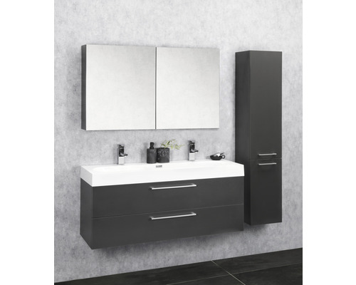 Modernes Badezimmer-Set mit Waschtischunterschrank, Waschbecken, Spiegelschrank und Hochschrank.