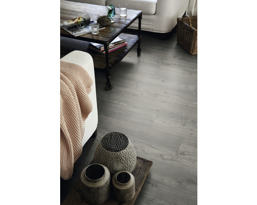 Salon avec plancher en bois gris, canapé, table et décorations