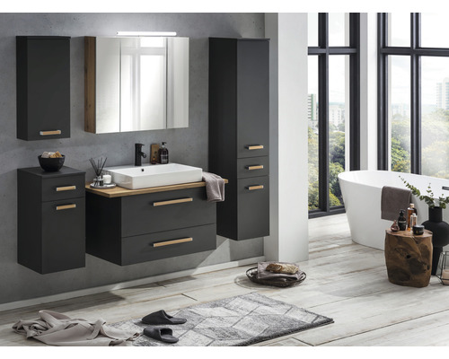 Badezimmer mit Waschbecken, Spiegelschrank, Hängeschrank und Hochschrank