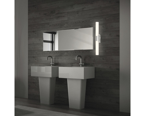 Salle de bain avec deux lavabos, miroir et applique murale.