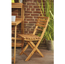 Scène de jardin avec chaise pliante en bois, étagère et table