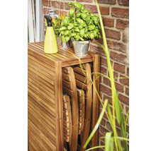 Table en bois avec chaises pliantes, vaporisateur et pots d''herbes aromatiques à l''extérieur.
