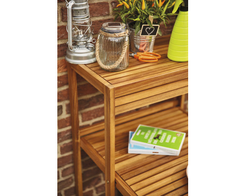 Étagère en bois avec décoration de jardin et articles de jardinage