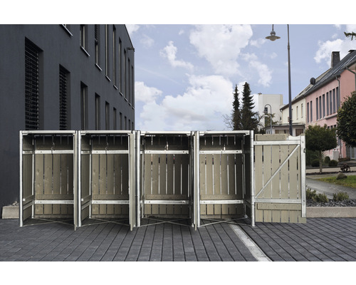 Mülltonnenbox mit Metallrahmen und Holztüren