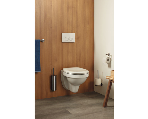 WC suspendu avec plaque de commande dans une salle de bains