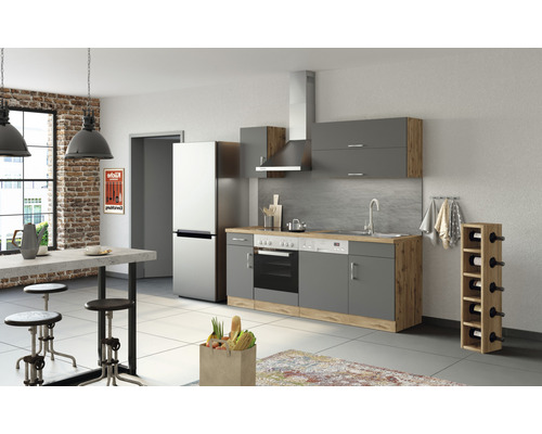 Küchenzeile mit Geräten Held Möbel Sorrento 210 cm Frontfarbe anthrazit Korpusfarbe eiche 1003.6280