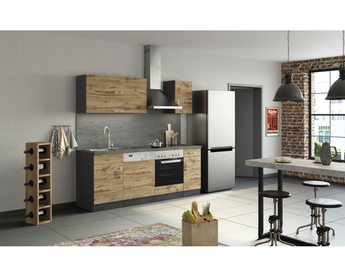 Küchenzeile mit Geräten Held Möbel Sorrento 210 cm Frontfarbe eiche Korpusfarbe graphit 1003.6282