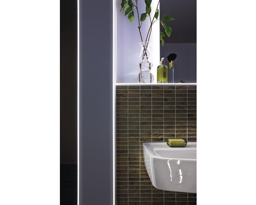 Lavabo de salle de bain avec carrelage mosaïque et décoration