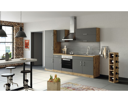 Cuisine moderne avec armoires grises, détails en bois et table à manger